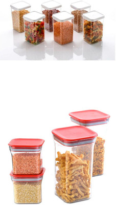 Analog Kitchenware Plastic Grocery Container  - 1100 ml, 550 ml(Pack of 10, White, Red)