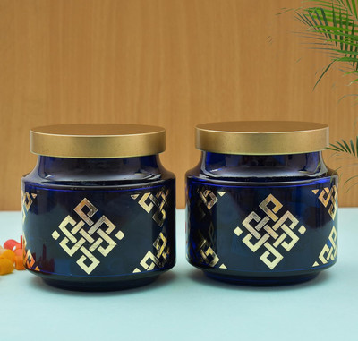 CROCO JAR Glass Grocery Container  - 600 ml(Pack of 2, Blue, Gold)