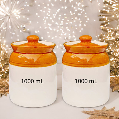 GOOD TO GREAT CREATION Ceramic Pickle Jar  - 1000 ml(Pack of 2, Brown, White)
