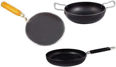 shri gaurangi Iron Cookware 3 Kadhai Set Iron combo Kadai for Cooking iron tawa iron Fry Pan Induction Bottom Non-Stick Coated Cookware Set(Iron, 3 - Piece)
