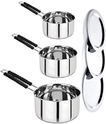 NARV Stainless Steel Saucepan Set with Lid, Silver with Handle for Tea, Coffee K1 Pack of 6 Cook and Serve Casserole Set(1000 ml, 1500 ml, 2000 ml)