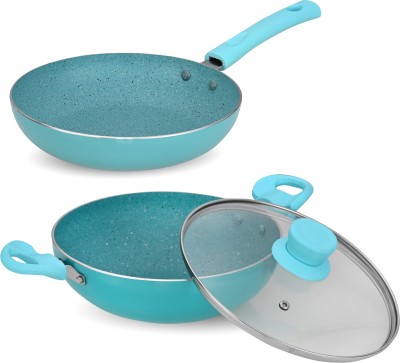 NAVRANG NONSTICK COMBO SET AQUA BLUE SPATTER KADAI 240+FRYPAN240+GLASS LID,NON-INDUCTION Non-Stick Coated Cookware Set(Aluminium, PTFE (Non-stick), 3 - Piece)