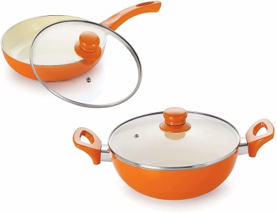 NIRLON Nirlon Ceramic Induction Base Non-Stick Aluminium Cookware Set, 2-Pieces, Orange Induction Bottom Non-Stick Coated Cookware Set(PTFE (Non-stick), Aluminium, 2 - Piece)