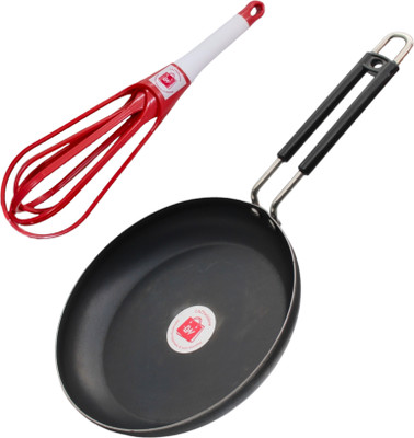 LAZYwindow Pure Iron Fry Pan with Grip Handle & Foldable Plastic Whisker Beater Fry Pan 20 cm diameter 0.75 L capacity(Cast Iron, Induction Bottom)