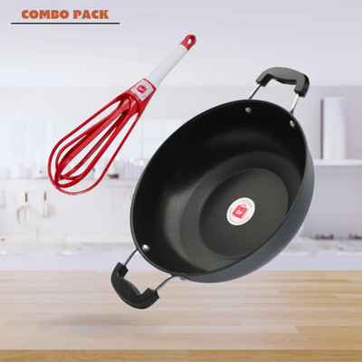LAZYwindow Nonstick Kadhai And Foldable Plastic Whisker Beater Hand Blender Mixer Induction Bottom Non-Stick Coated Cookware Set(Hard Anodised, 2 - Piece)