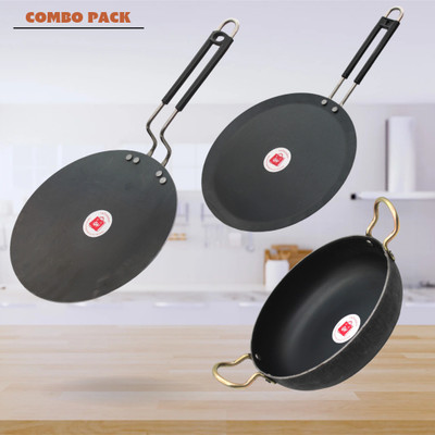 LAZYwindow Traditional Iron Tawa And Deep Bottom Kadhai Induction Bottom Cookware Set(Iron, 3 - Piece)