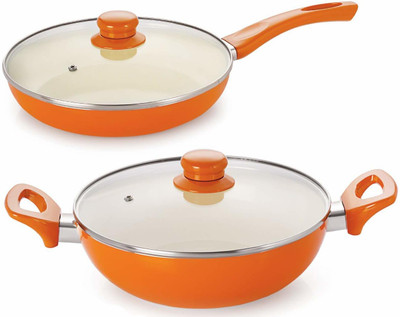 NIRLON Nirlon Induction Base Aluminium Cookware Set, 2-Pieces, Orange Induction Bottom Non-Stick Coated Cookware Set(PTFE (Non-stick), Aluminium, 1 - Piece)