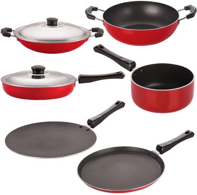 NIRLON Gas Compatible Non-Stick Aluminium Cookware Set, 6-Pieces, Red/Black Non-Stick Coated Cookware Set(PTFE (Non-stick), Aluminium, 6 - Piece)