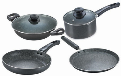 Prestige Omega Granite BYK (Set of with Milk Pan) Induction Bottom Non-Stick Coated Cookware Set(Aluminium, 4 - Piece)