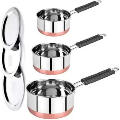 Masox Store Sauce Pan Set for Tea, Milk, Copper Sauce Pan Combo Set Gas Flame Compatible K8 4.3 inch, 5.9 inch, 6.6 inch Lid Set, Pack of 6(Steel)