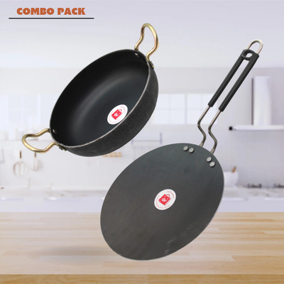 LAZYwindow Traditional Iron Tawa & Deep Bottom Kadhai (Base Black) Induction Bottom Cookware Set(Iron, 2 - Piece)