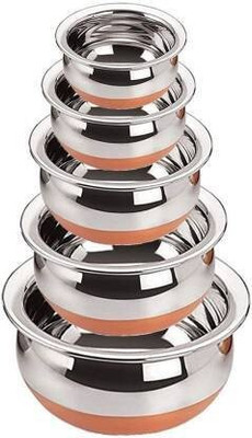 OVELLO Copper Bottom Handi Pot 5 Piece Set/Steel Handi Set 5 Piece Set Handi Handi 2.1 L, 1.6 L, 1.1 L, 0.8 L, 0.5 L (Stainless Steel) Cookware Set(Copper, 5 - Piece)