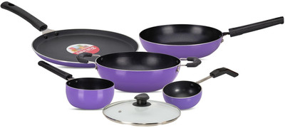 NAVRANG NonStick Combo Set Tawa26+Kadai22+Frypan22+Saucepan16+Tadkapan+GlassLid,Non-IB Non-Stick Coated Cookware Set(Aluminium, 6 - Piece)