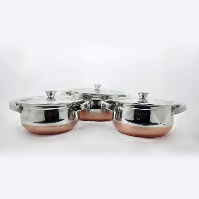 RBGIIT RB6 Stainless Steel with Copper Bottom Cook and Serve Essential Handi with Lid - Set of 3 Pcs Cookware Set(Stainless Steel, 3 - Piece)