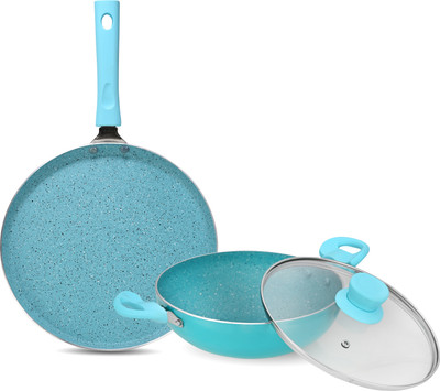 NAVRANG NONSTICK COMBO SET BLUE SPATTER DOSA TAWA 260+KADAI 240+GLASS LID,NON-IB Non-Stick Coated Cookware Set(Aluminium, PTFE (Non-stick), 3 - Piece)