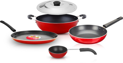 NAVRANG Nonstick 5 Pc Cookware Set Tawa 260+Kadai 220+Frypan 220+Tadka Pan+ SS Lid,RED Non-Stick Coated Cookware Set(PTFE (Non-stick), 5 - Piece)