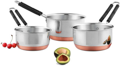 HM EVOTEK Stainless Steel Copper Bottom Sauce Pan / Milk Pan / Tea Pan 3 pcs Combo Set K3 Dutch Oven Set with Lid 1 L capacity 28.5 cm diameter(Steel, Non-stick, Induction Bottom)