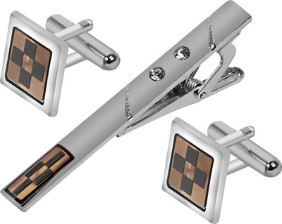 house of common Brass Cufflink & Tie Pin Set(Silver, Brown)