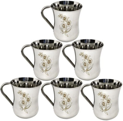 LEROYAL Pack of 6 Stainless Steel Tea/Coffee Cup /Glass with Handle | Designer(Steel)