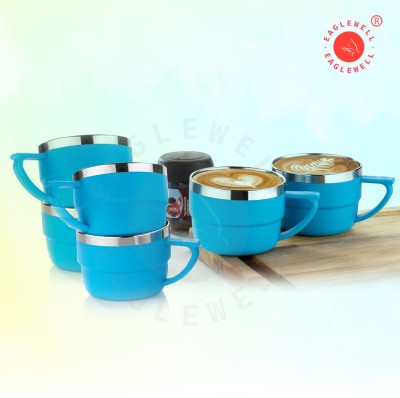 EagleWell Pack of 6 Stainless Steel, Plastic Tea Cup Set, Tea Cup, Steel Cup Set, Cup Set 150 ML(Blue, Cup Set)