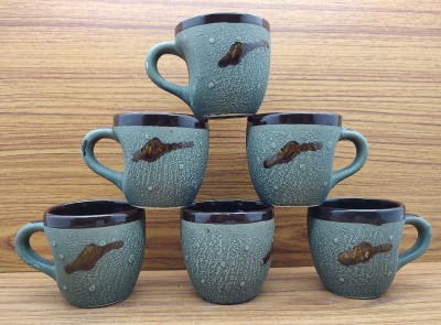 laghima jadon Pack of 6 Ceramic Coffee Cup & Tea/ Cups Latest Design Handle 130 ML (Green & Brown)(Green, Brown, Cup Set)