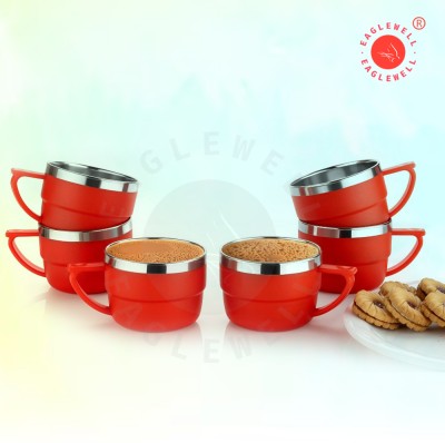 EagleWell Pack of 6 Stainless Steel Plastic double wall Tea Cup With Stainless steel Coated Set of 6 Red 150 ML(Red, Cup Set)