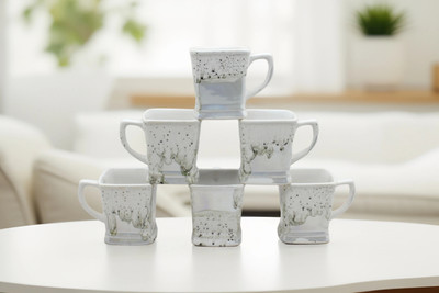 laghima jadon Pack of 6 Ceramic Tea/Coffee/Chai Cups Bucket Square shape Beautiful Premium Regular Use 100ML(White, Silver, Cup Set)
