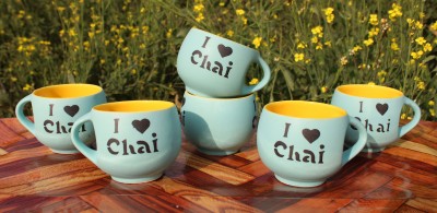 laghima jadon Pack of 6 Ceramic Tea/Coffee Cups Aqua & Yellow Colour Round Shape I Love Chai Printed cup 150ML(Multicolor, Cup Set)