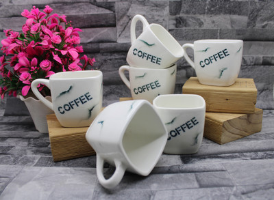 laghima jadon Pack of 6 Ceramic Tea/Coffee Cups Square Shape Coffee Printed Beautiful & Stylist 150 ML(White, Cup Set)