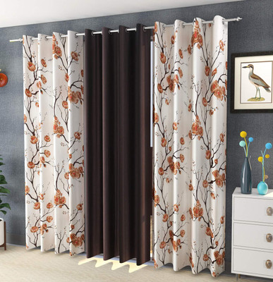 BANAVY 214 cm (7 ft) Door Polyester Room Darkening Curtain (Pack Of 3)(Brown, Floral)