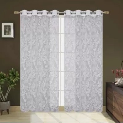 Flipkart SmartBuy 153 cm (5 ft) Net, Polyester Semi Transparent Window Curtain (Pack Of 2)(Floral, White)