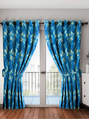 Cortina 210 cm (7 ft) Door Polyester Semi Transparent Curtain (Pack Of 2)(Blue, Floral)