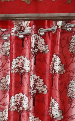 Achintya 153 cm (5 ft) Window Polyester Semi Transparent Curtain (Pack Of 2)(Red, Floral)