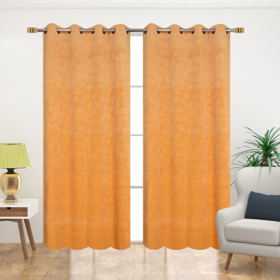 Impression Hut 152 cm (5 ft) Velvet Room Darkening Window Curtain (Pack Of 2)(Floral, Gold)