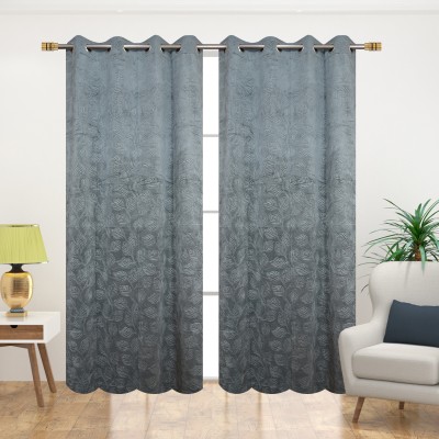 Impression Hut 214 cm (7 ft) Velvet Room Darkening Door Curtain (Pack Of 2)(Floral, Grey)