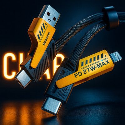 4 in 1 65W Fast Charging Type C/Lightning /Micro USB/Type A 1 m USB Type C Cable(Compatible with Android and Iphone, Black, Yellow)