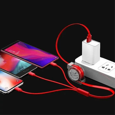 Wifton USB Type C Cable 1.2 m 3 in 1 Retractable 3.0A Fast Charging Cable -E3(Compatible with iOS, Android, Red, One Cable)