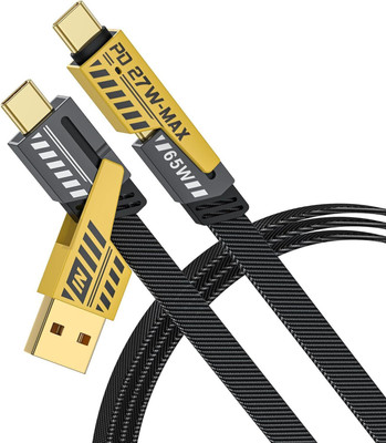 MOBONE ® 4-in-1 USB-C Cable, PD 65W Fast Charging Cable & Data Sync,Flat Braided 1.2 m USB Type C Cable(Compatible with Oneplus, Oppo, Realme, Redmi, Iqoo, Vivo, Techno, Infinix, Poco, Iphone, Yellow, Black)