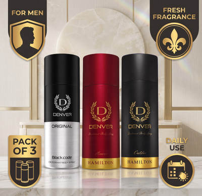 DENVER Caliber, Honour & Black Code Nano Deodorant Spray - For Men(150 ml, Pack of 3)