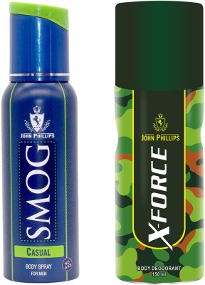John Phillips SMOG CASUAL & X-FORCE Long Lasting No-Gas Deodorant Body Spray Combo Deodorant Spray  -  For Men(270 ml, Pack of 2)