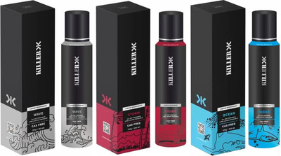 KILLER 3 Combo Pack Storm, Ocean, wave, All-Day Long Lasting Freshness 125G/150ml, Liquid Deodorant Spray  -  For Men(450 ml, Pack of 3)