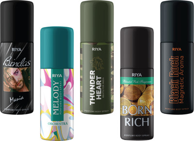 RIYA Bindas,Melody,Thunder Heart,Born Rich,Black Rock Deodorant 40 ML Each Deodorant Spray  -  For Men & Women(200 ml, Pack of 5)