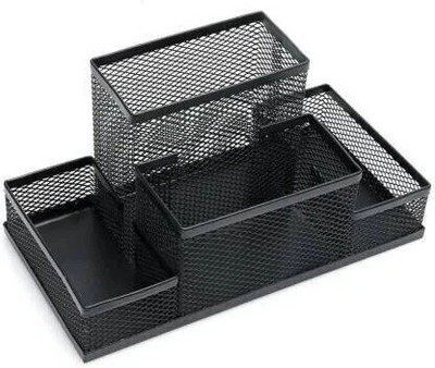 DUS 4 Compartments Metal Pen Stand(Black)