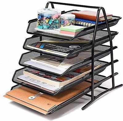 Nexvox 5 Compartments Mesh Metal Desk Organizer(Black)