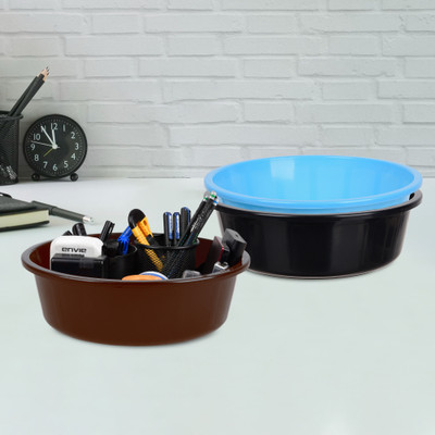 KUBER INDUSTRIES 3 Compartments Plastic Desk Organizer(Black & Sky Blue & Brown)
