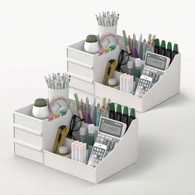 KUBER INDUSTRIES 2 Compartments Plastic Desk Organizer(White)