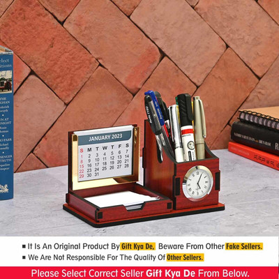 GIFT KYA DE 2 Compartments Wooden Calendar 2025 With Clock Mini Desk Organizer with Clock & Calendar (RED), Office Table Accessories(Red)