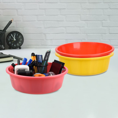 KUBER INDUSTRIES 3 Compartments Plastic Desk Organizer(Yellow & Red & Pink)