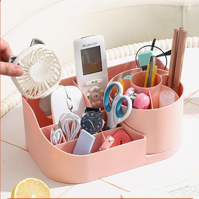 JIGSHTIAL 17 Compartments High Quality Plastic Body 360° Rotating Plastic Organizer, Desk Organizer Stand Holder For Pen,Pencil(Peach)
