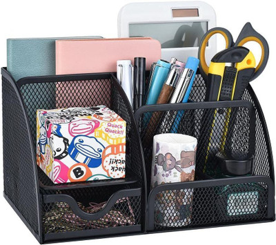 Tap2kaart 7 Compartments Metal Mesh Pen and Pencil Stationary Desk Organizer Stand Holder(Black)